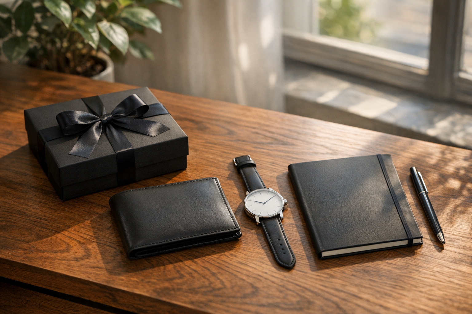 Elegancki meski zestaw prezentowy na drewnianym biurku